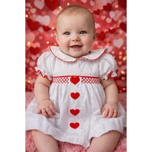 Babeeni Toddler Girl's Valentine's Smocked Embroidered Heart Shift Dress Sz 6 M